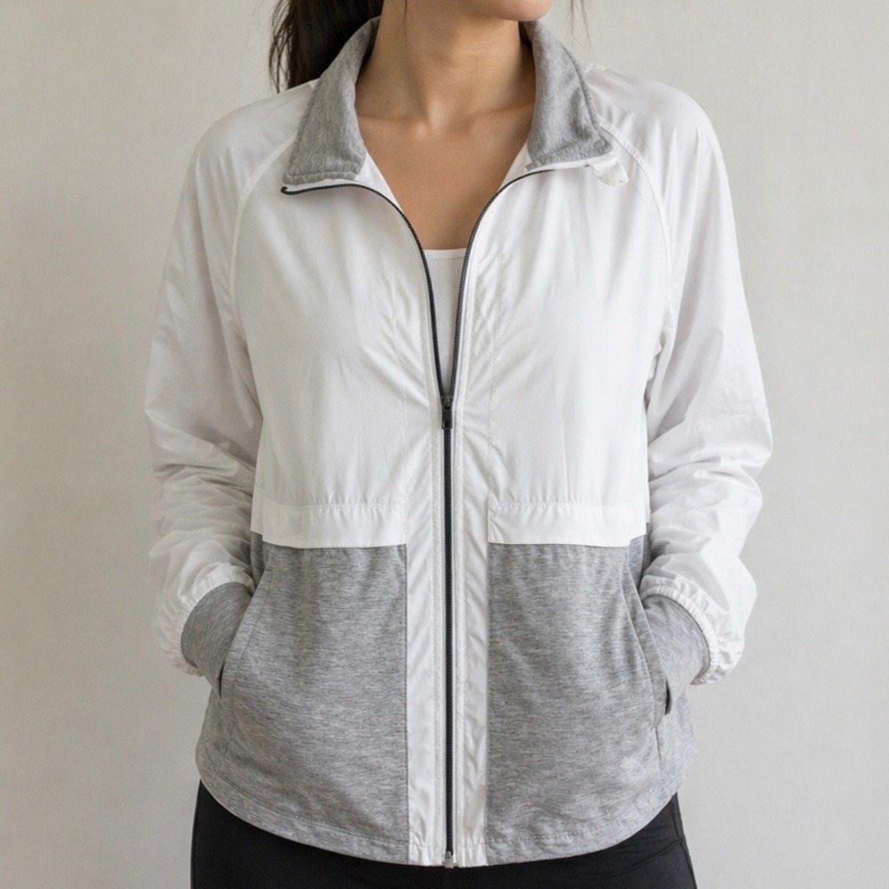 Avia Womens Hybrid Windbreaker Jacket White Gray Full Zip Hooded Thumbhole XL